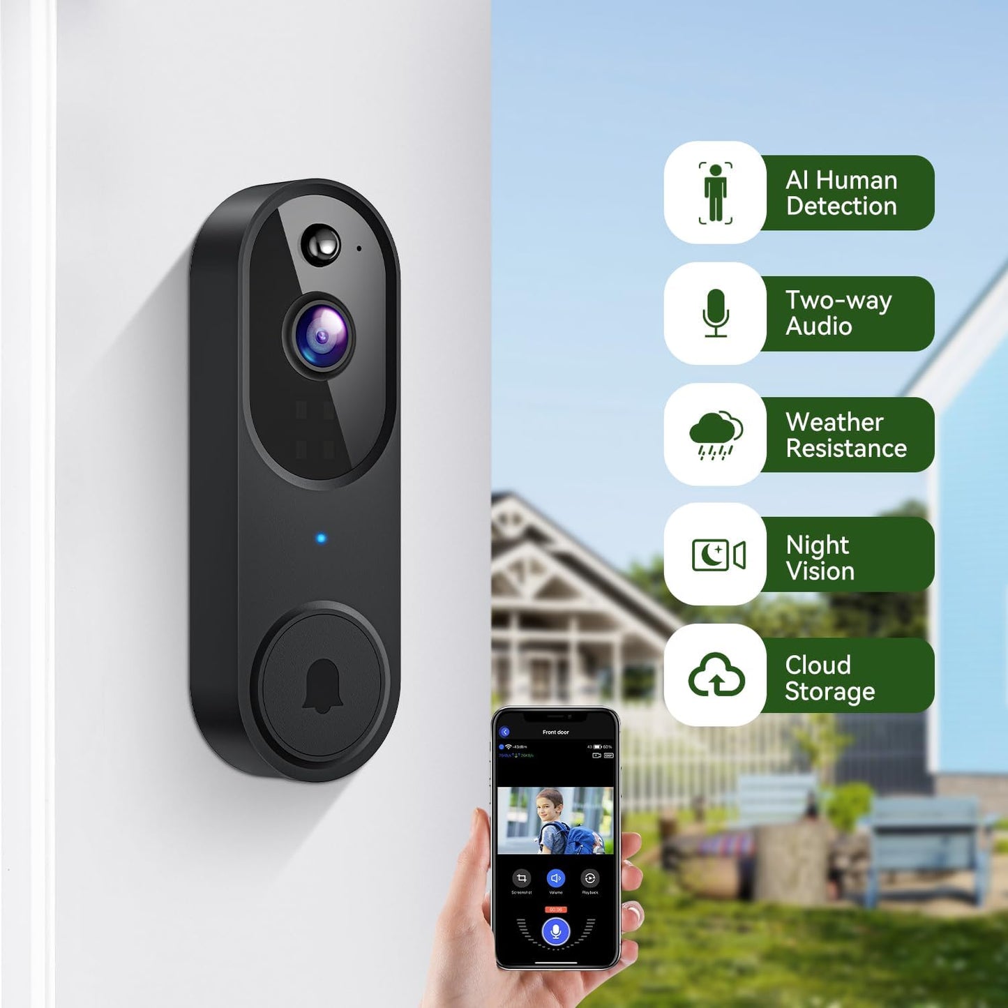 1080P Smart Wireless Video Doorbell Camera, Night Vision, Real-Time Alerts, AI Human Detection, 2.4G Wifi, Two-Way Talk, Cloud Storage, Battery Rechargeable, Weather-Resistant