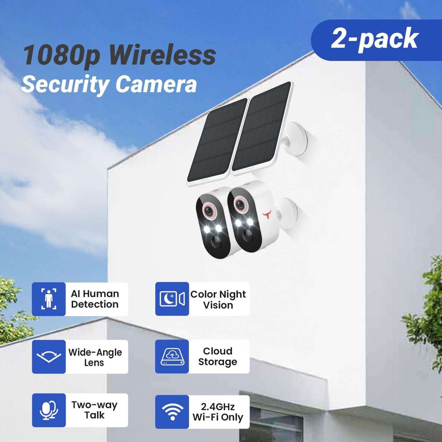 Solar Security Cameras Wireless Outdoor 2 Pack, Battery Powered WiFi Cameras for Home Surveillance, AI Human Detection, 2-Way Talk, Color Night Vision, Cloud Storage, Weather Resistance
