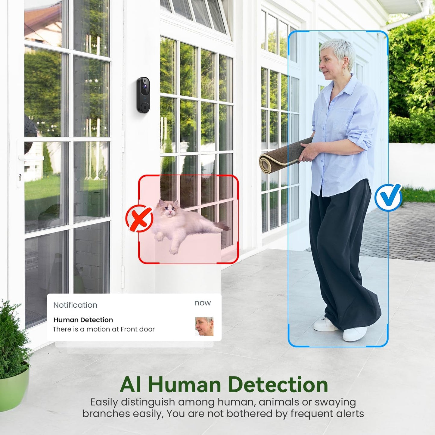 1080P Smart Wireless Video Doorbell Camera, Night Vision, Real-Time Alerts, AI Human Detection, 2.4G Wifi, Two-Way Talk, Cloud Storage, Battery Rechargeable, Weather-Resistant
