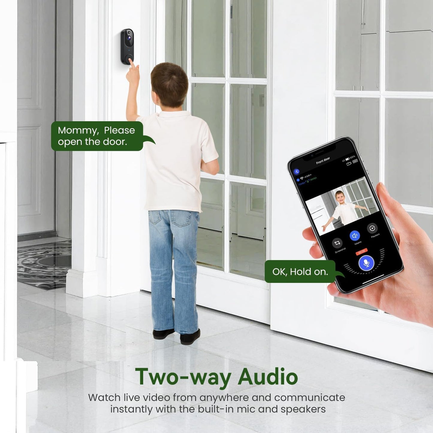 1080P Smart Wireless Video Doorbell Camera, Night Vision, Real-Time Alerts, AI Human Detection, 2.4G Wifi, Two-Way Talk, Cloud Storage, Battery Rechargeable, Weather-Resistant