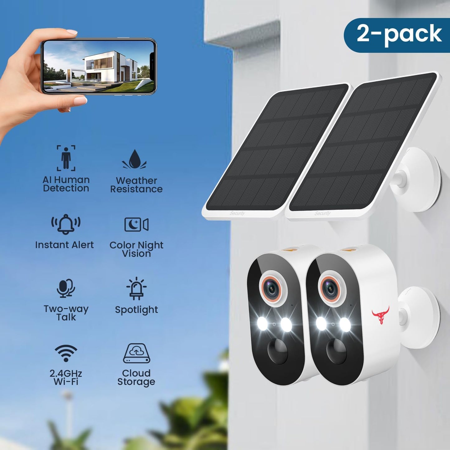 1080P Wireless Security Camera with Solar Panel, AI Human Detection, 2-Way Talk, Night Vision, Cloud Storage (Sold Separately), Battery Included, Home Security, 2.4Ghz Wifi Only (2 Pack)
