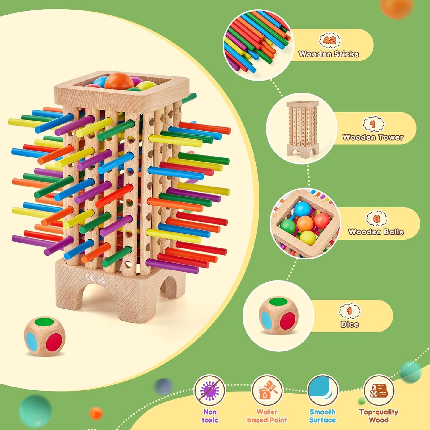 Montessori Wooden Dice Game – Colorful Sticks for Counting & Motor Skills