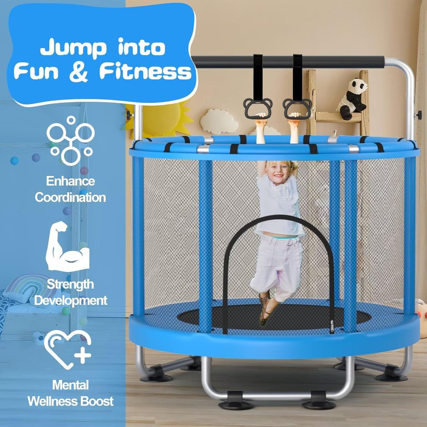 ZCMHAXJ 55" Kids Trampoline – Safe, Strong & Fun with Gym Bar & Toys!