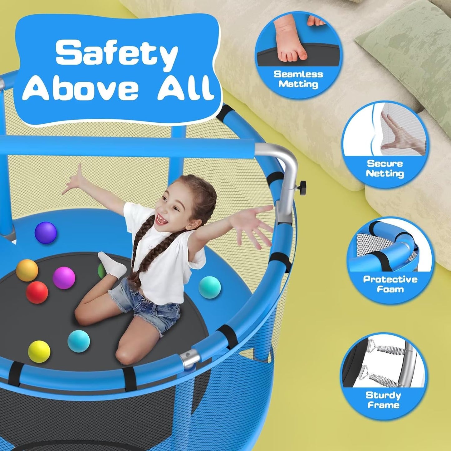 ZCMHAXJ 55" Kids Trampoline – Safe, Strong & Fun with Gym Bar & Toys!