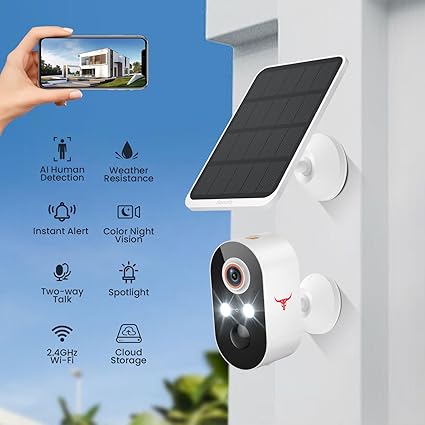 1080p Wireless Security Camera with Solar Panel, AI Human Detection, 2-Way Talk, Night Vision, Cloud Storage, Rechargeable Battery Included, Camera for Home Security, 2.4G WiFi (1 Pack)