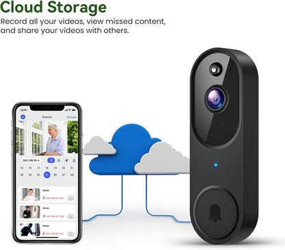 1080P Smart Wireless Video Doorbell Camera, Night Vision, Real-Time Alerts, AI Human Detection, 2.4G Wifi, Two-Way Talk, Cloud Storage, Battery Rechargeable, Weather-Resistant