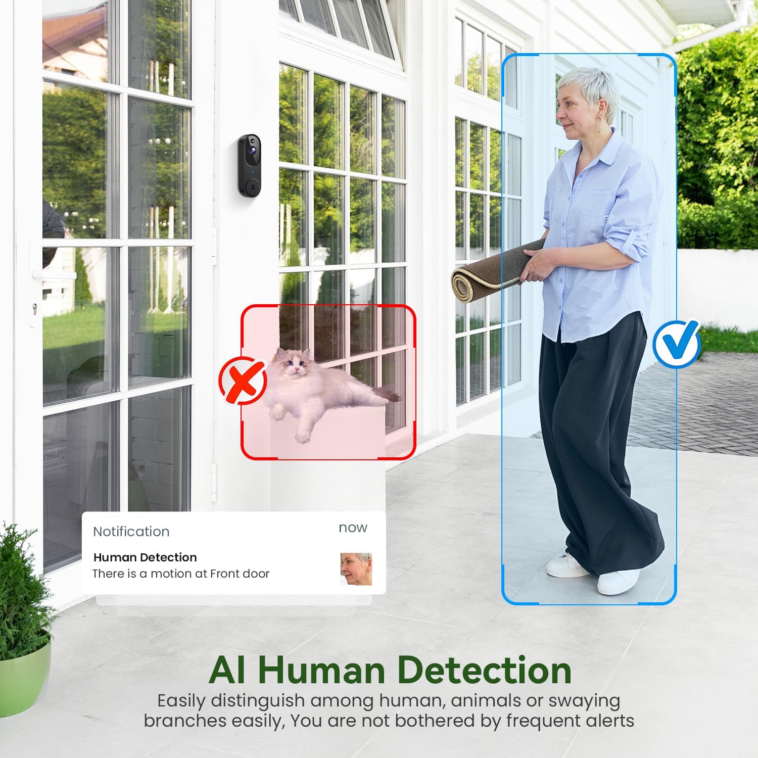 1080P Smart Wireless Video Doorbell Camera, Night Vision, Real-Time Alerts, AI Human Detection, 2.4G Wifi, Two-Way Talk, Cloud Storage, Battery Rechargeable, Weather-Resistant