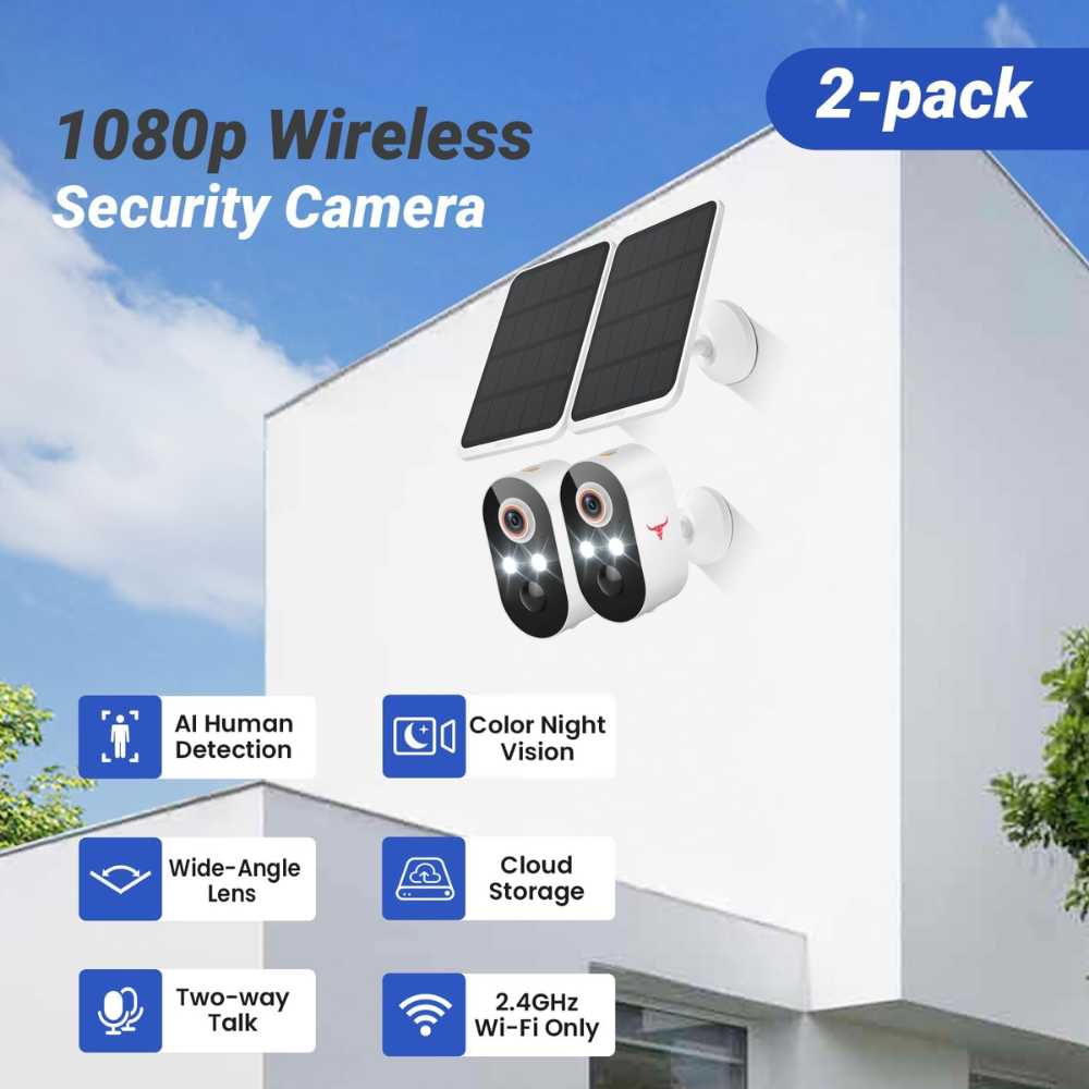 Solar Security Cameras Wireless Outdoor 2 Pack, Battery Powered WiFi Cameras for Home Surveillance, AI Human Detection, 2-Way Talk, Color Night Vision, Cloud Storage, Weather Resistance